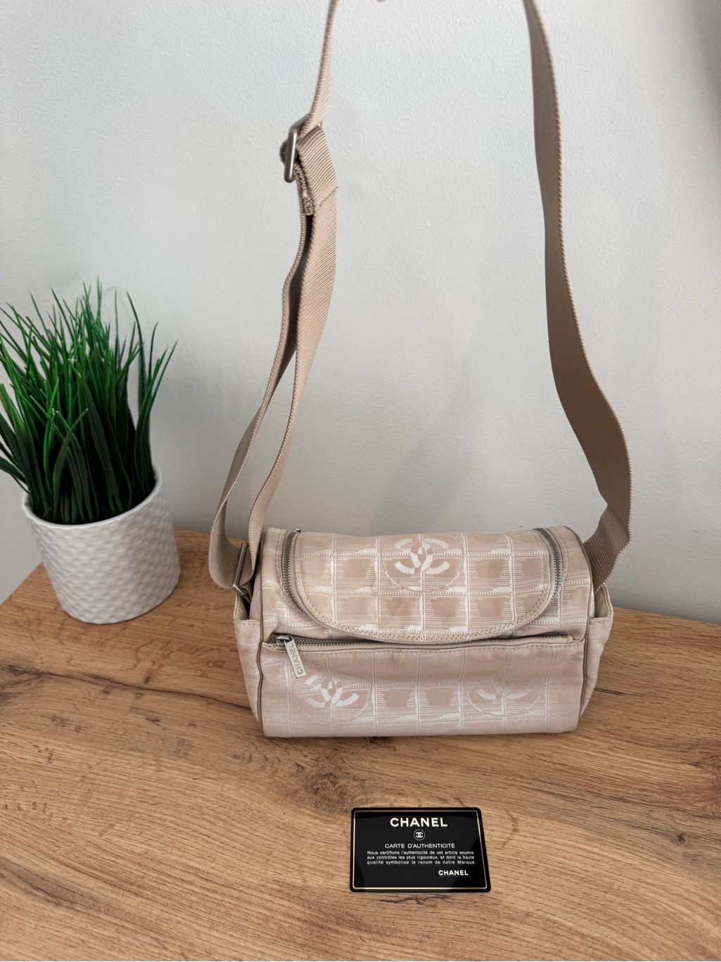 Vintage Chanel Sport Line Cc Logo Crossbody Bag Beige Auth Card Clean Interior
